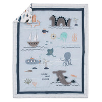 Explore Dream Discover Light Blue, Navy, Gray and Coral Ocean 4 Piece Nursery Crib Bedding Set - Comforter, 100% Cotton Fitted Crib Sheet, Crib Skirt and Nursery Organizer - BIG FRENCHIES