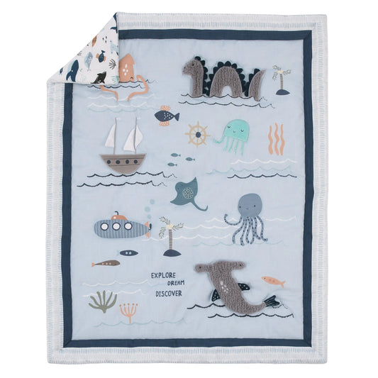 Explore Dream Discover Light Blue, Navy, Gray and Coral Ocean 4 Piece Nursery Crib Bedding Set - Comforter, 100% Cotton Fitted Crib Sheet, Crib Skirt and Nursery Organizer - BIG FRENCHIES
