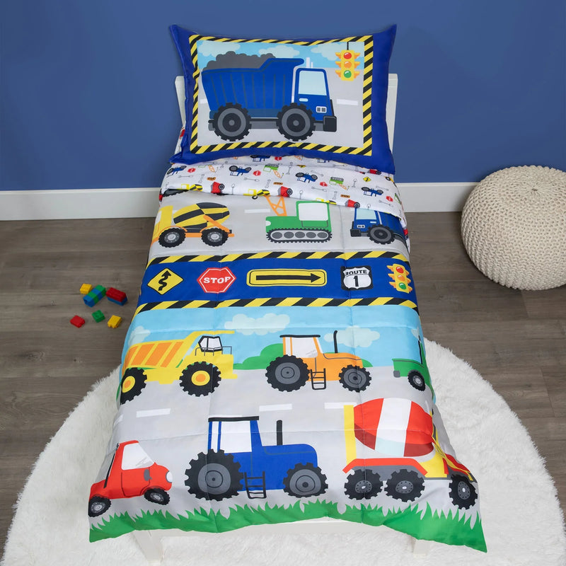 Construction 4 Piece Toddler Bed Set - Includes Comforter, Fitted Bottom Sheet, Flat Top Sheet, and Reversible Pillowcase - BIG FRENCHIES
