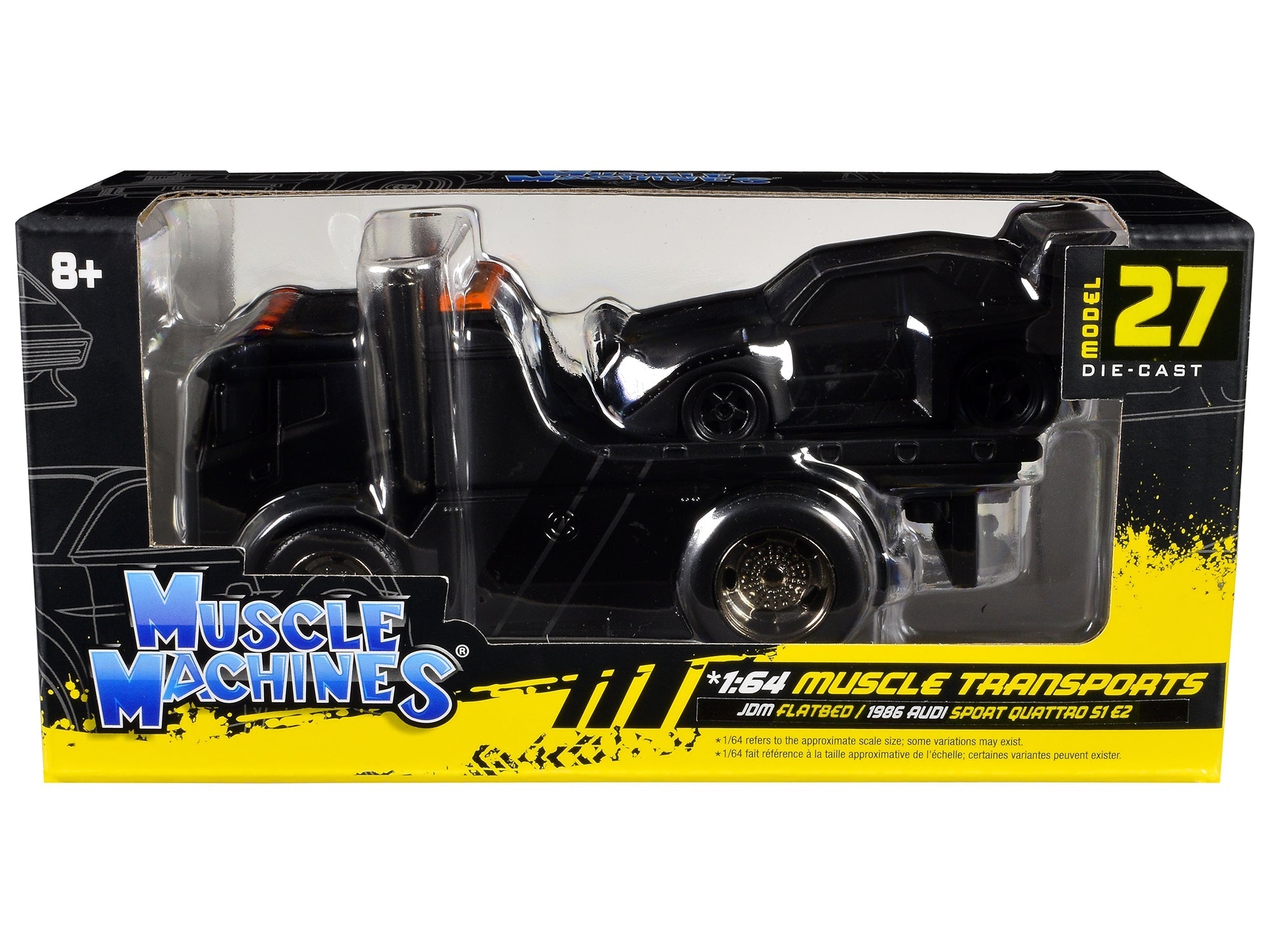 JDM Flatbed Truck Matt Black and 1986 Audi Sport Quattro S1 E2 Matt Black "Muscle Transports" Series 1/64 Diecast Models by Muscle Machines  free shipping USA
