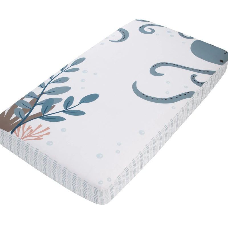 Explore Dream Discover Light Blue, Navy, and White Octopus 100% Cotton Nursery Photo Op Fitted Crib Sheet - BIG FRENCHIES