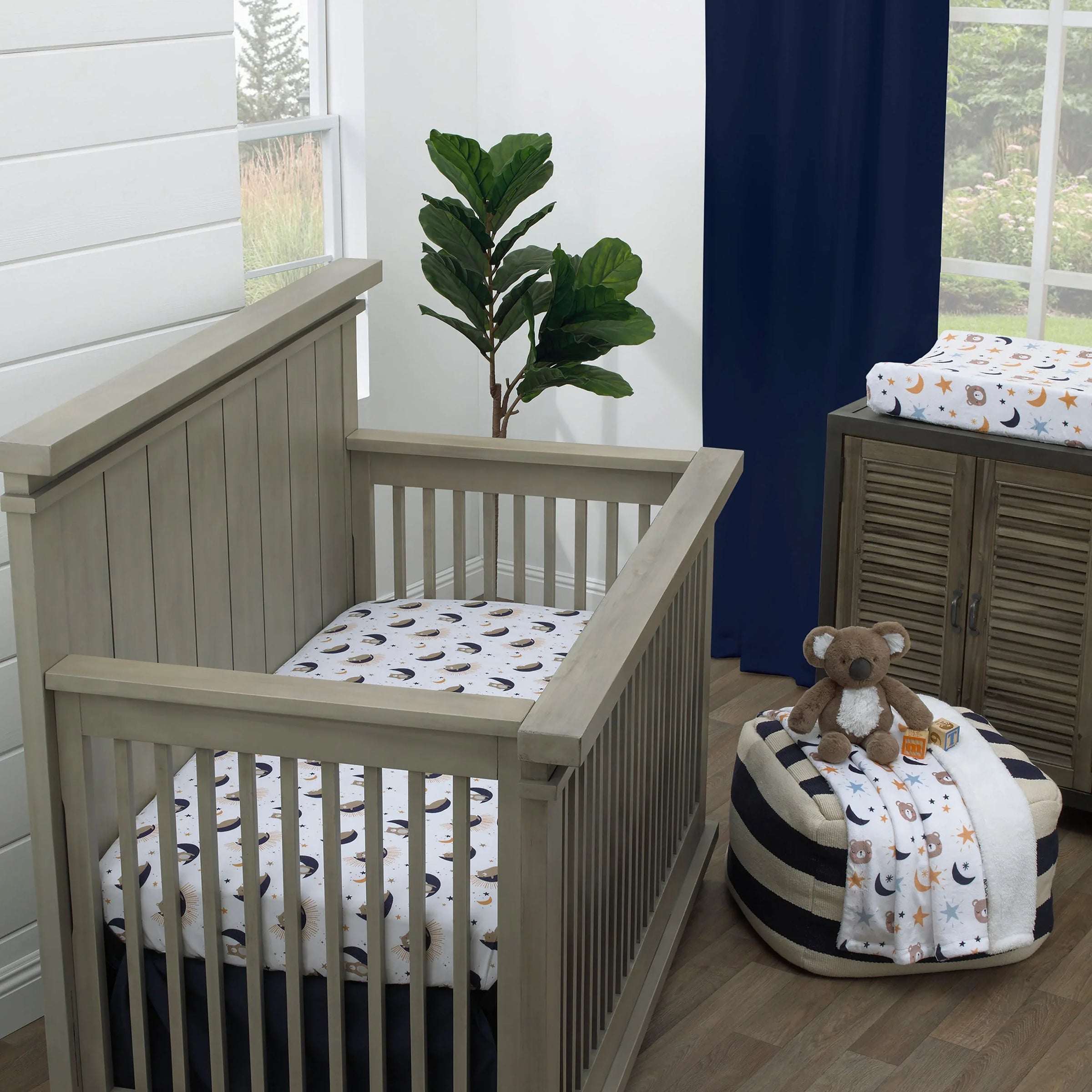 Goodnight Sleep Tight White and Blue Koala, Sloth, Bear, Star, and Moon 4 Piece Nursery Crib Bedding Set - Comforter, 100% Cotton Fitted Crib Sheet, Crib Skirt, and Storage - BIG FRENCHIES