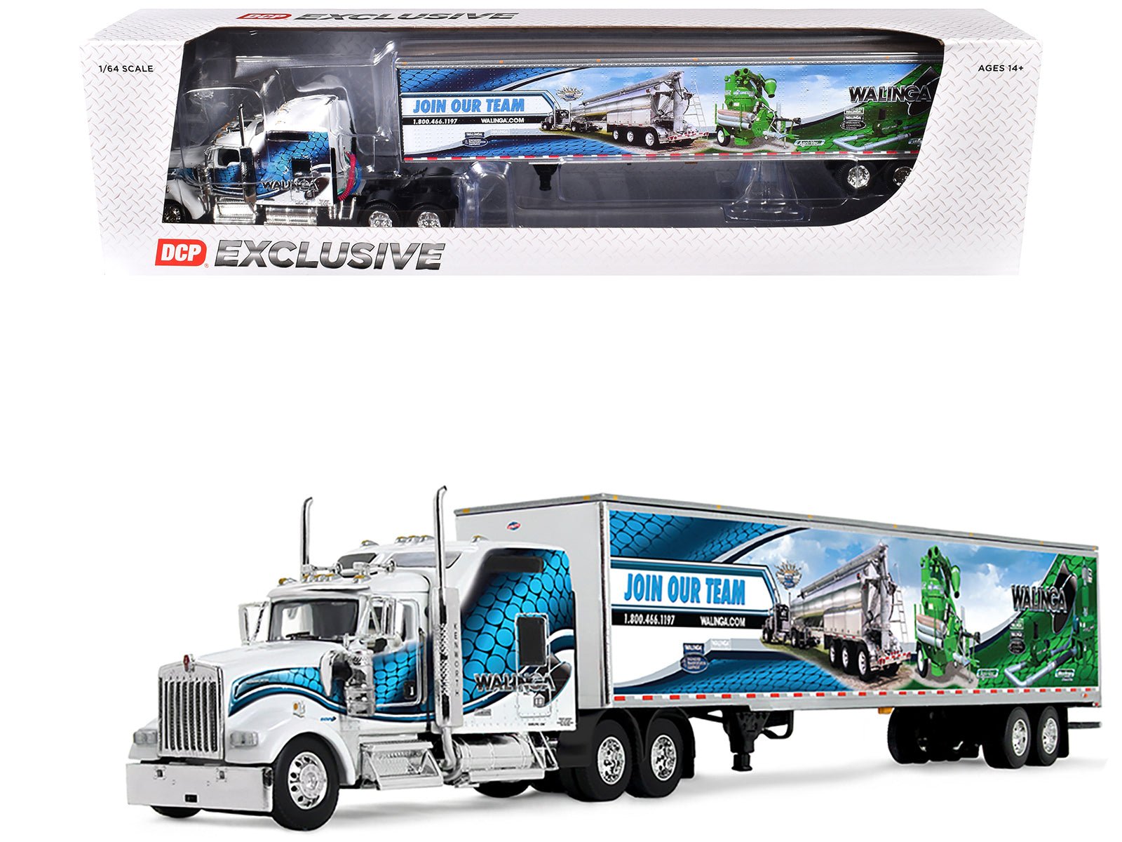 Kenworth W900L with 86" Studio Sleeper and 53' Utility Trailer with Skirts "Walinga" White with Blue Graphics 1/64 Diecast Model by DCP/First Gear  free shipping USA