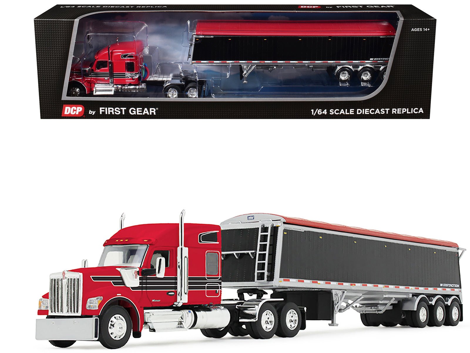 Kenworth W990 with 76" Mid-Roof Sleeper and Lode King Distinction Hopper Trailer Red and Black 1/64 Diecast Model by DCP/First Gear  free shipping USA