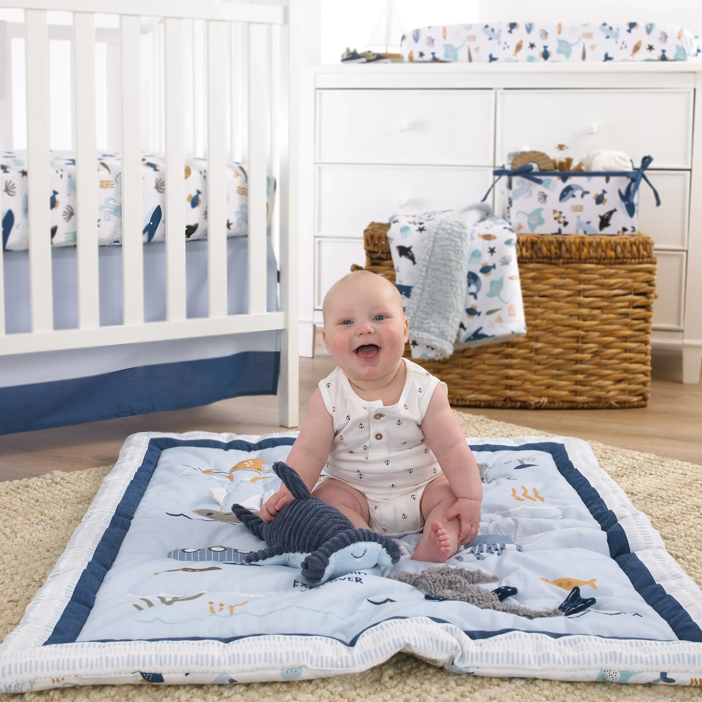 Explore Dream Discover Light Blue, Navy, Gray and Coral Ocean 4 Piece Nursery Crib Bedding Set - Comforter, 100% Cotton Fitted Crib Sheet, Crib Skirt and Nursery Organizer - BIG FRENCHIES