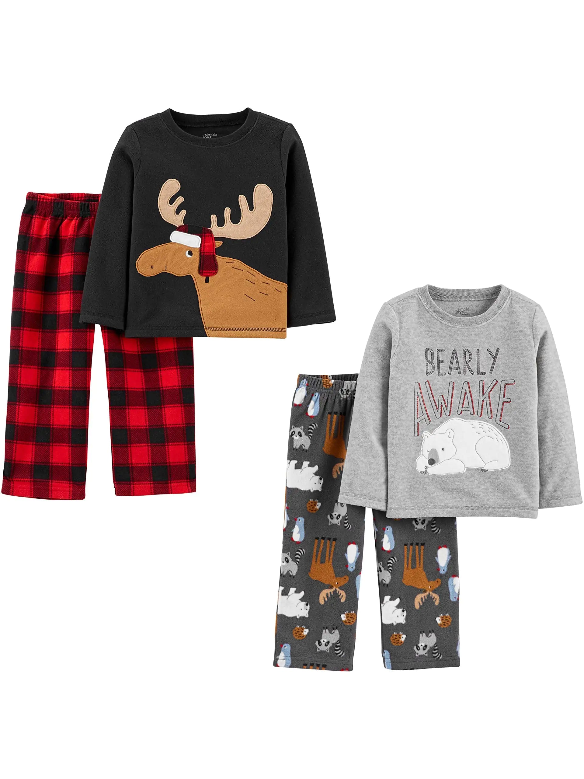Simple Joys by Carter's Boys and Toddlers' 4-Piece Pajama Set (Cotton Top & Fleece Bottom) 4T Black Reindeer/Dark Grey Forest Animals/Grey Polar Bear/Buffalo Plaid - # BOAA11710005