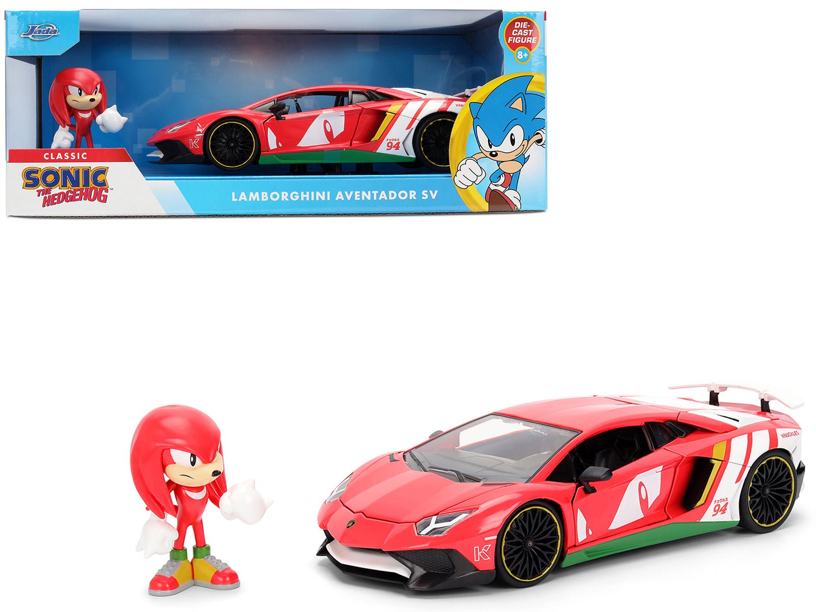 Lamborghini Aventador SV Red with Graphics and Knuckles Diecast Figure "Sonic The Hedgehog" Franchise "Hollywood Rides" Series 1/24 Diecast Model by Jada  free shipping USA