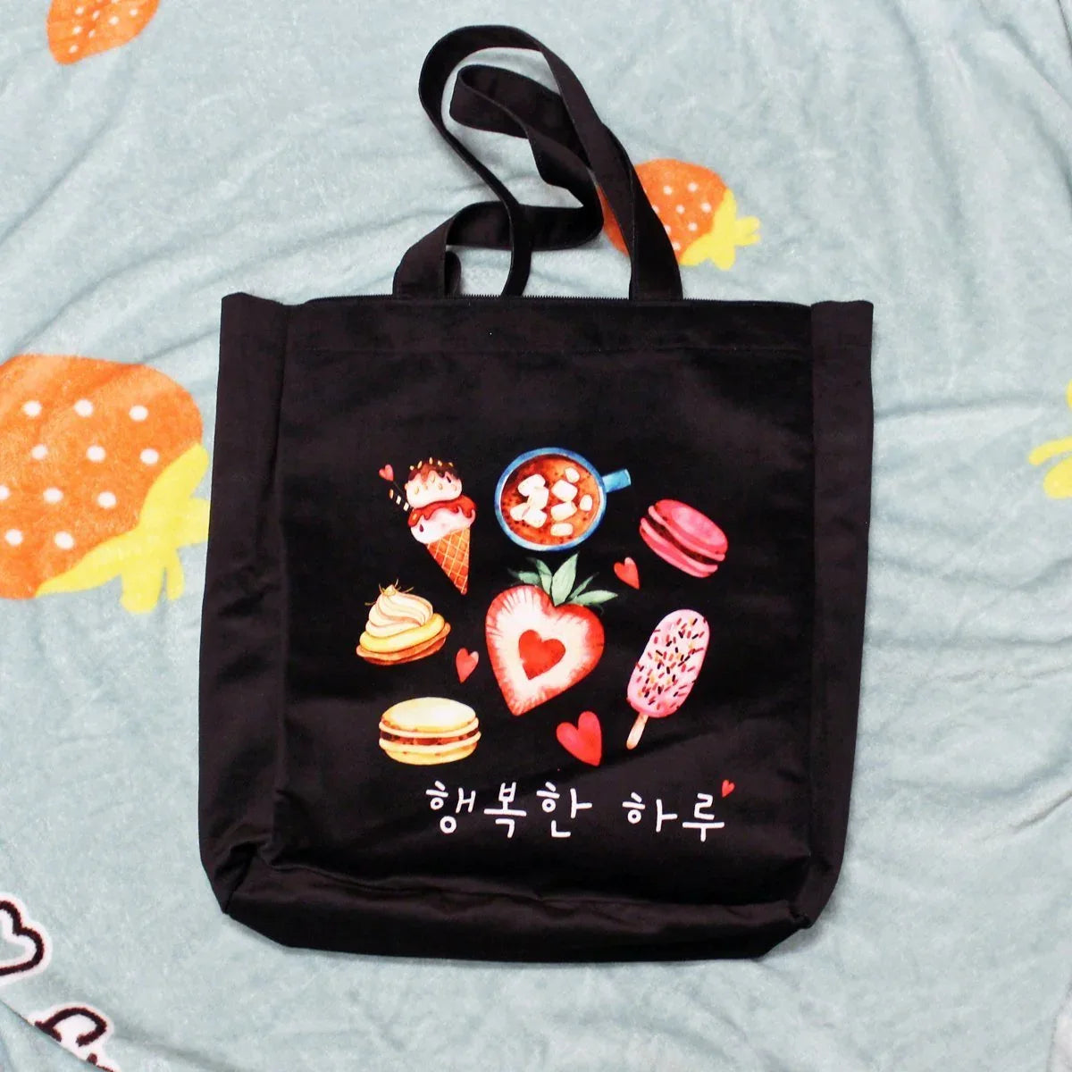 Black Korean Tote Bag – Ice Cream Design with Zipper & Pocket - BIG FRENCHIES