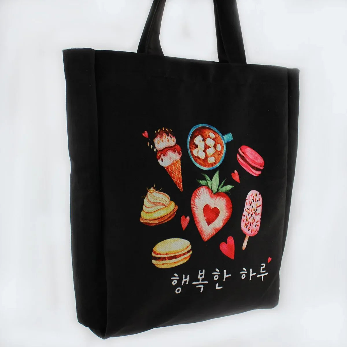 Black Korean Tote Bag – Ice Cream Design with Zipper & Pocket - BIG FRENCHIES