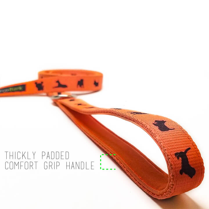 EcoBark Safety Orange Dog Leash- Padded Comfort Grip Leash with Dog Pattern - 4ft, 5ft, and 6ft Leash for Small and Medium Dogs - BIG FRENCHIES