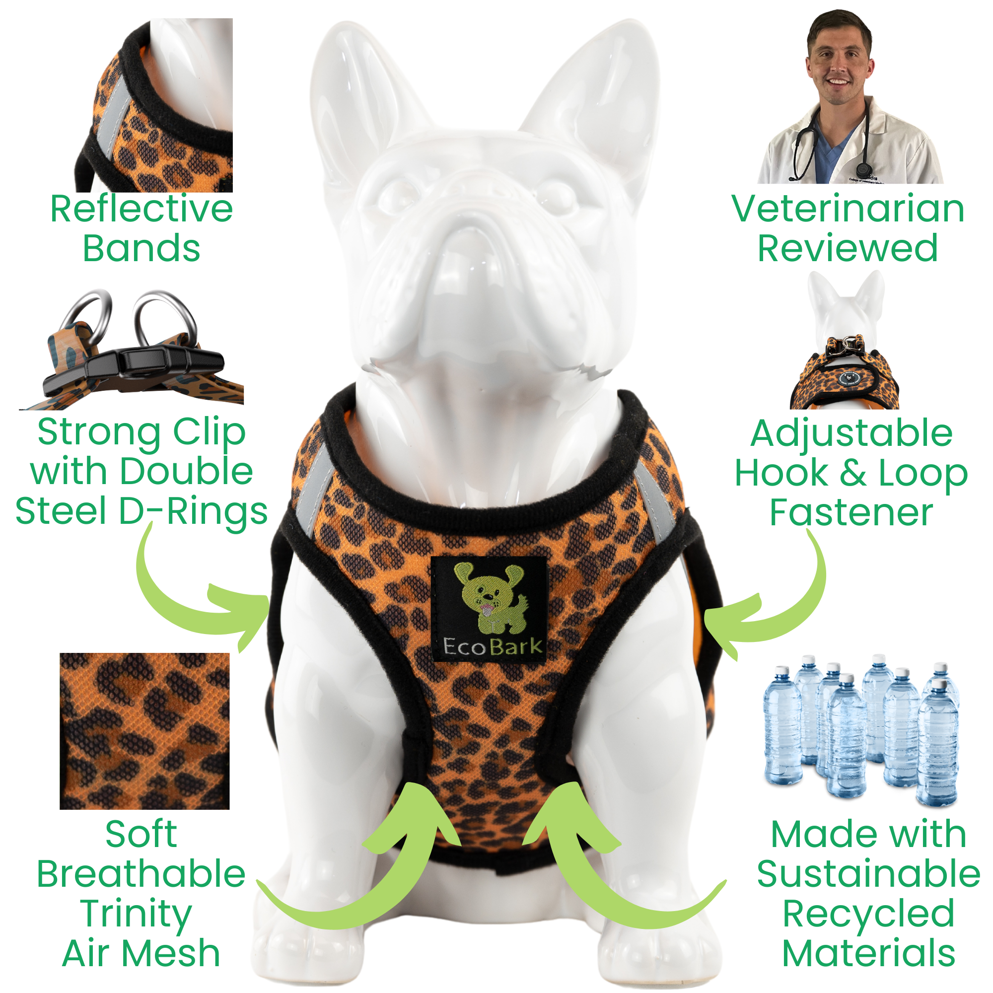 EcoBark Leopard Step In Dog Harness - Reflective Soft Mesh Harness for Teacup, Small Dogs and Puppies - BIG FRENCHIES