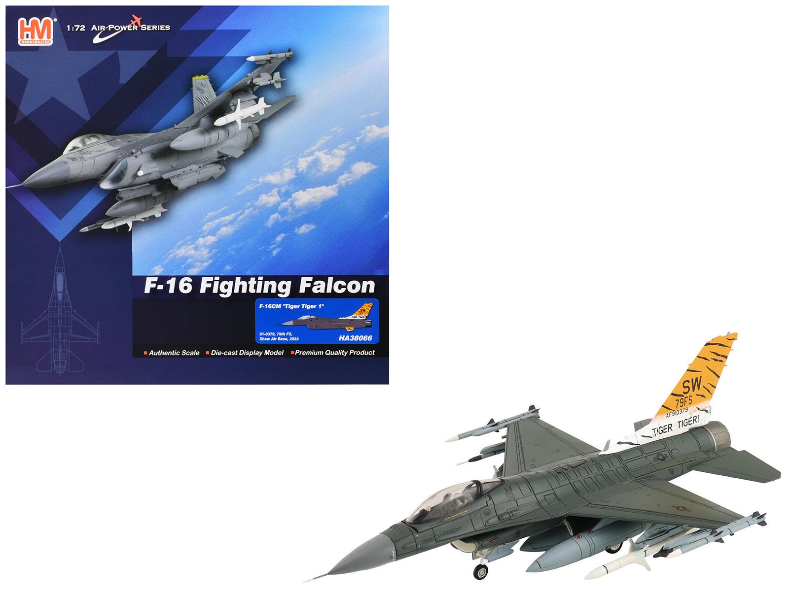 Lockheed F-16CM Fighting Falcon Fighter Aircraft "91-0379 Tiger Tiger 1 79th Fighter Squadron Shaw Air Force Base" (2023) United States Air Force "Air Power Series" 1/72 Diecast Model by Hobby Master  free shipping USA
