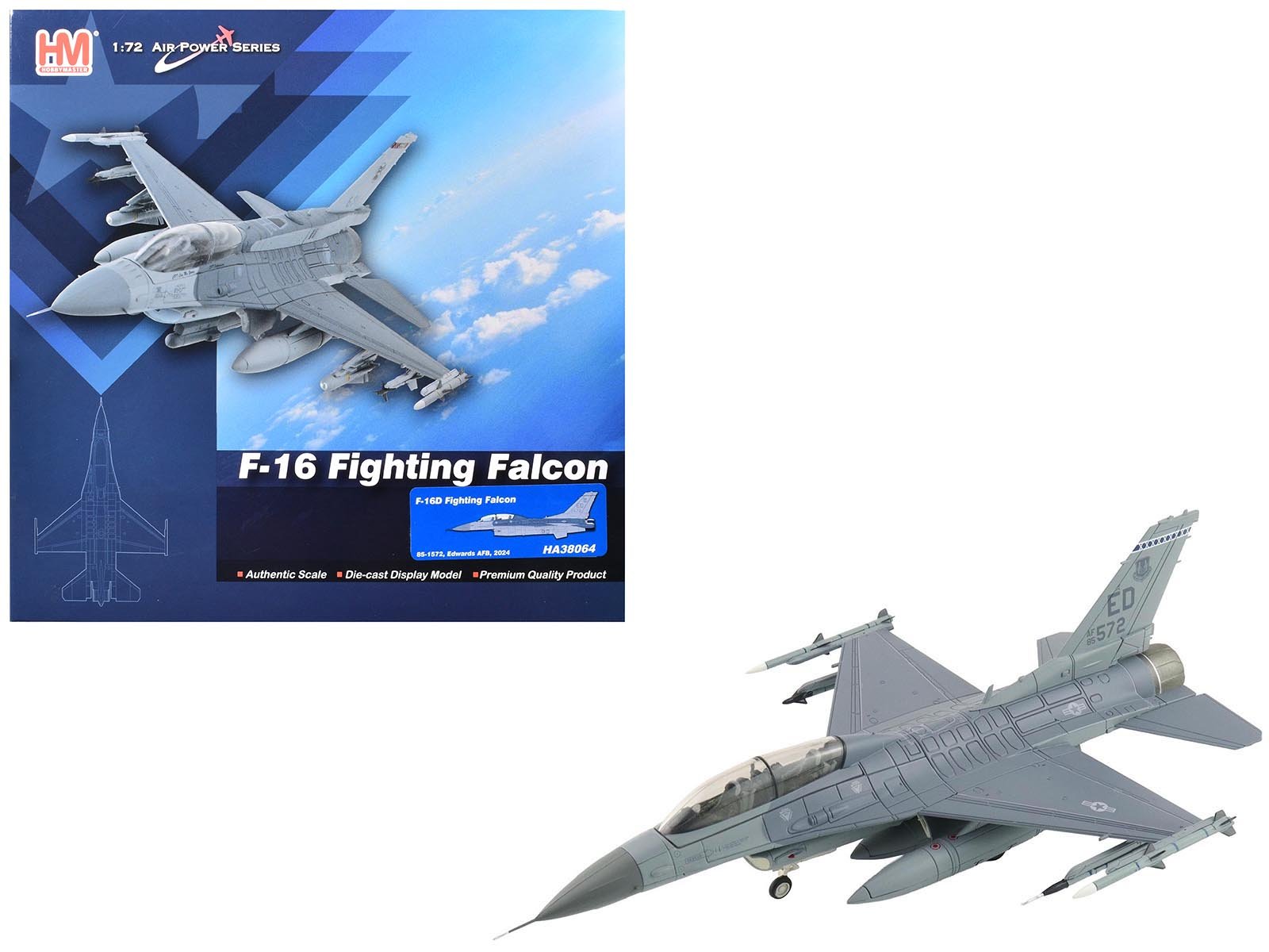 Lockheed F-16D Fighting Falcon Fighter Aircraft "85-1572 Edwards Air Force Base" (2024) United States Air Force "Air Power Series" 1/72 Diecast Model by Hobby Master  free shipping USA