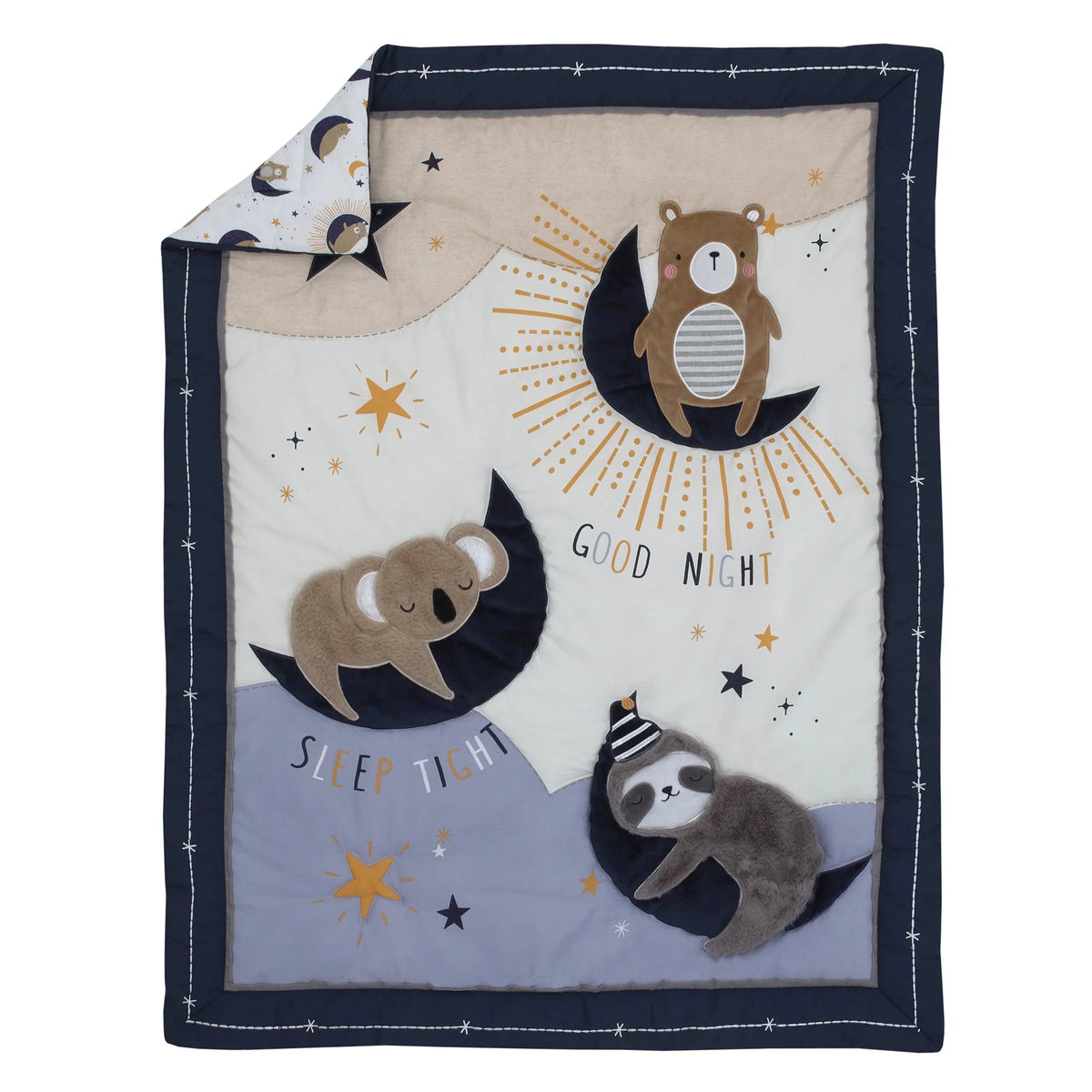 Goodnight Sleep Tight White and Blue Koala, Sloth, Bear, Star, and Moon 4 Piece Nursery Crib Bedding Set - Comforter, 100% Cotton Fitted Crib Sheet, Crib Skirt, and Storage - BIG FRENCHIES