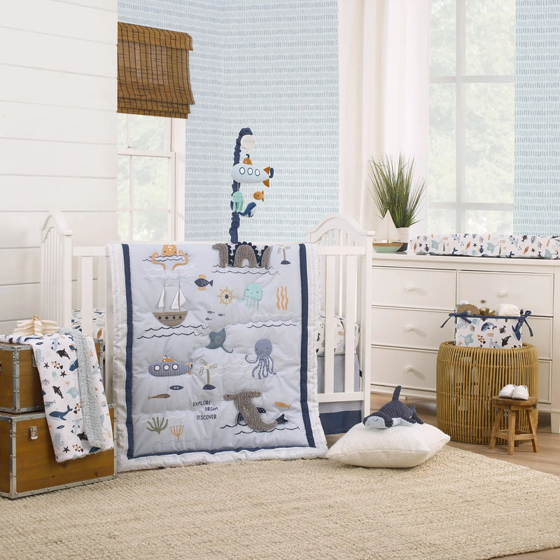 Explore Dream Discover Light Blue, Navy, Gray and Coral Ocean 4 Piece Nursery Crib Bedding Set - Comforter, 100% Cotton Fitted Crib Sheet, Crib Skirt and Nursery Organizer - BIG FRENCHIES
