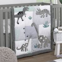 Baby-Saurus Gray, White, and Green Triceratops, Brontosaurus, and Tyrannosaurus Dinosaurs with Mountains and Leaves 4 Piece Nursery Crib Bedding Set - Comforter, 100% Cotton Fitted Crib Sheet, Crib Skirt, and Storage - BIG FRENCHIES