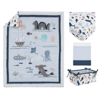 Explore Dream Discover Light Blue, Navy, Gray and Coral Ocean 4 Piece Nursery Crib Bedding Set - Comforter, 100% Cotton Fitted Crib Sheet, Crib Skirt and Nursery Organizer - BIG FRENCHIES