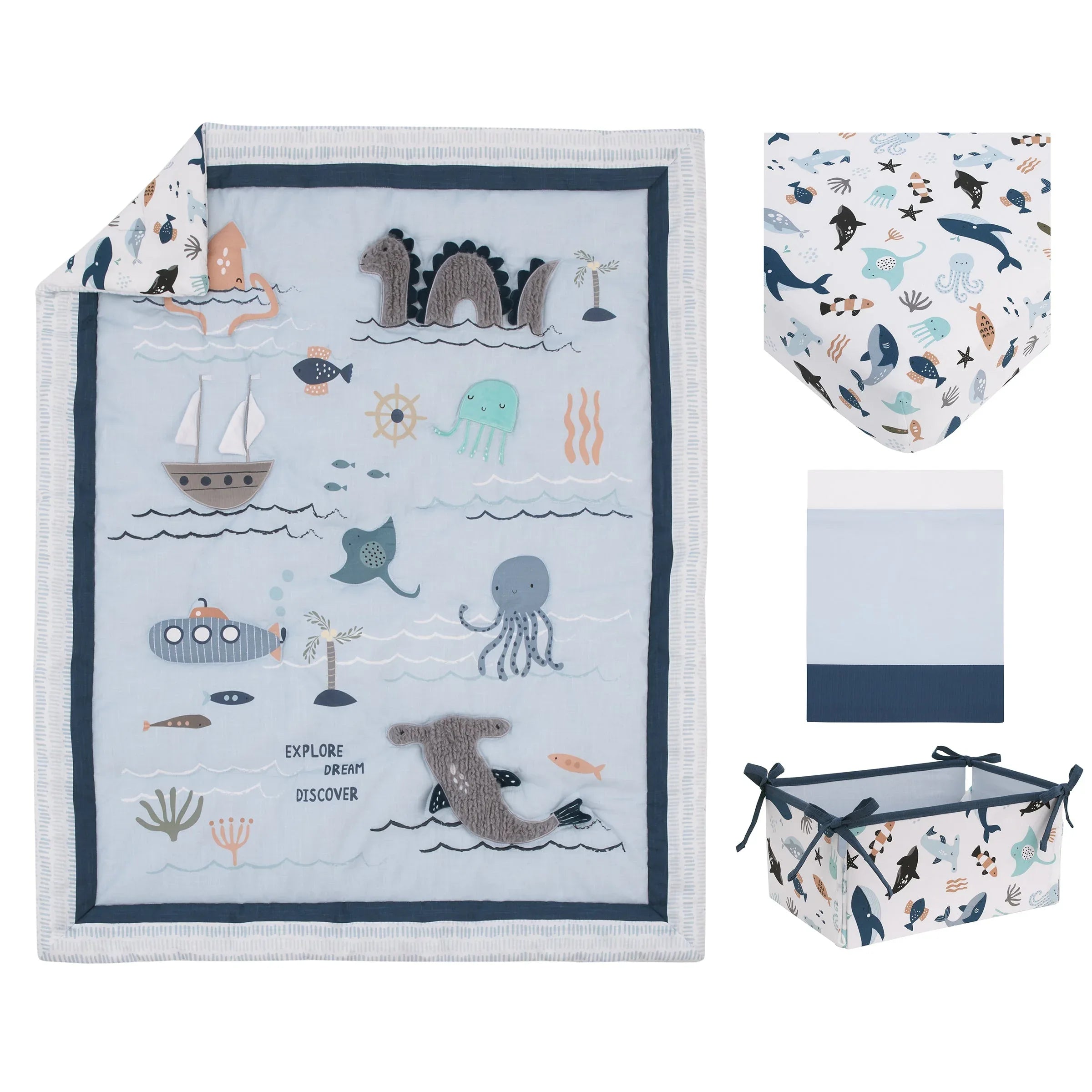Explore Dream Discover Light Blue, Navy, Gray and Coral Ocean 4 Piece Nursery Crib Bedding Set - Comforter, 100% Cotton Fitted Crib Sheet, Crib Skirt and Nursery Organizer - BIG FRENCHIES
