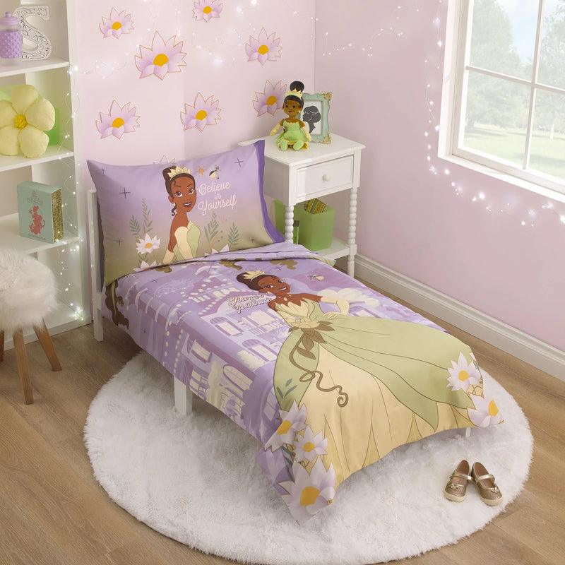 NoJo Disney Princess Tiana Create Your World 4 Piece Toddler Bed Set - Comforter, Fitted Bottom Sheet, Flat Top Sheet, Reversible Pillowcase, Lavender, Green, Yellow - BIG FRENCHIES