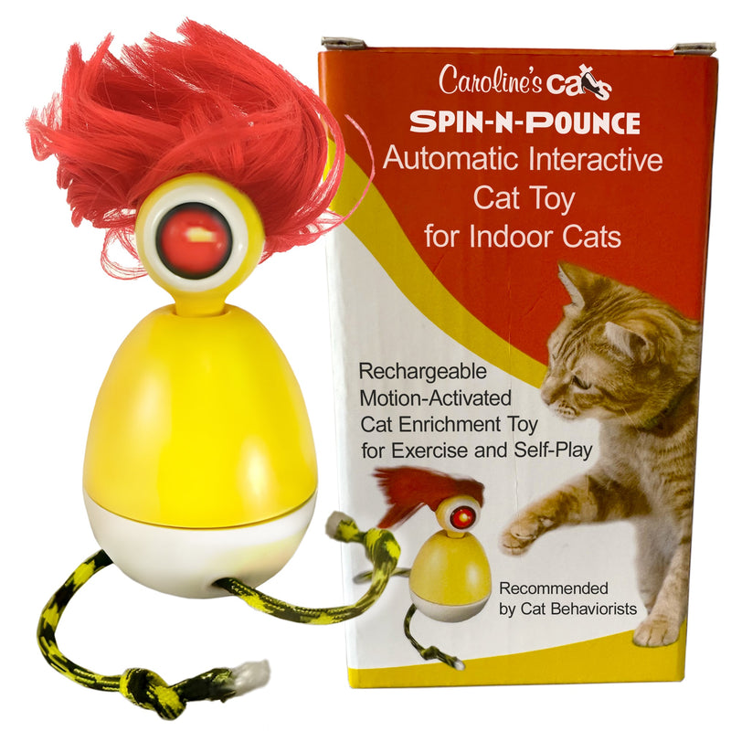 Caroline's Cats Spin-N-Pounce Rechargeable Automatic Interactive Indoor Dancing Cat Toy; Touch Sensor & Auto Shut Off, 360° Rotation, Silent Motor, LED Light, Simulates Prey for Hunting & Exercise-Pet Toys-BIG FRENCHIES-Caroline's Cats