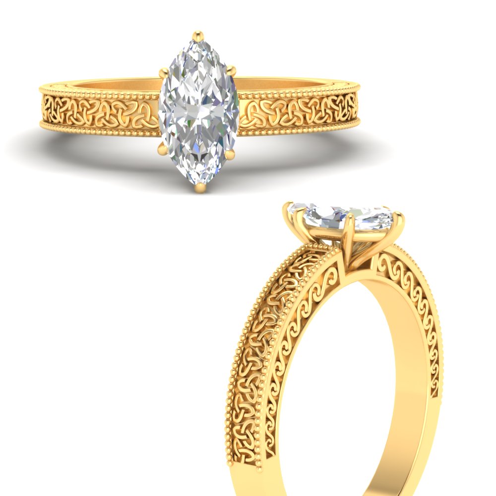 Marquise Cut Celtic Engraved Solitaire Engagement Ring