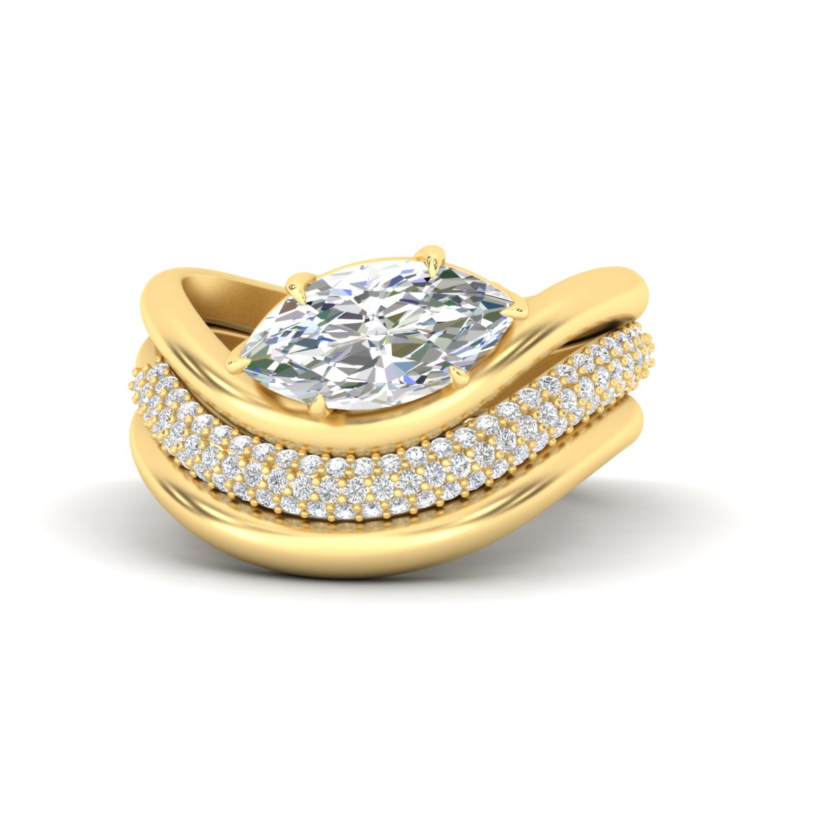 Dual Bands with Wave Solitaire Ring