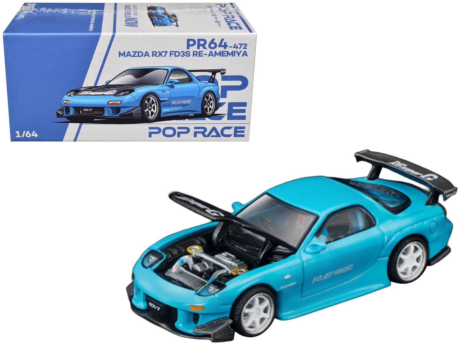 Mazda RX7 (FD3S) RE Amemiya RHD (Right Hand Drive) Light Blue with Carbon Hood "Tokyo Auto Salon 2026" 1/64 Diecast Model Car by Pop Race  free shipping USA
