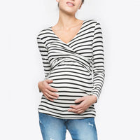 Women's Striped Long Sleeve V Neck Nursing T-Shirt - # BAGE211510104-NURSG