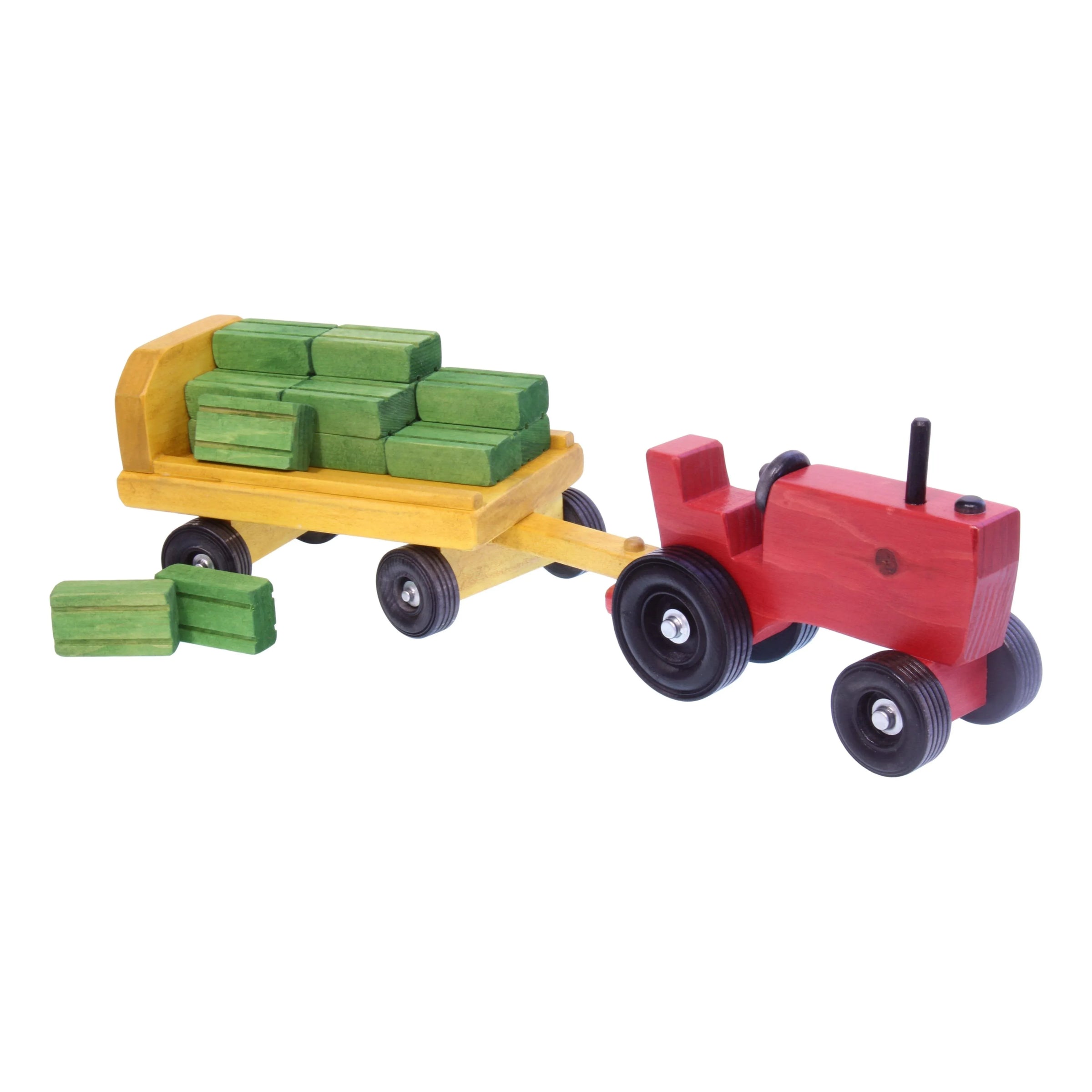 Amish-Made Wooden Toy Tractor and Wagon Set with Hay Bales - BIG FRENCHIES