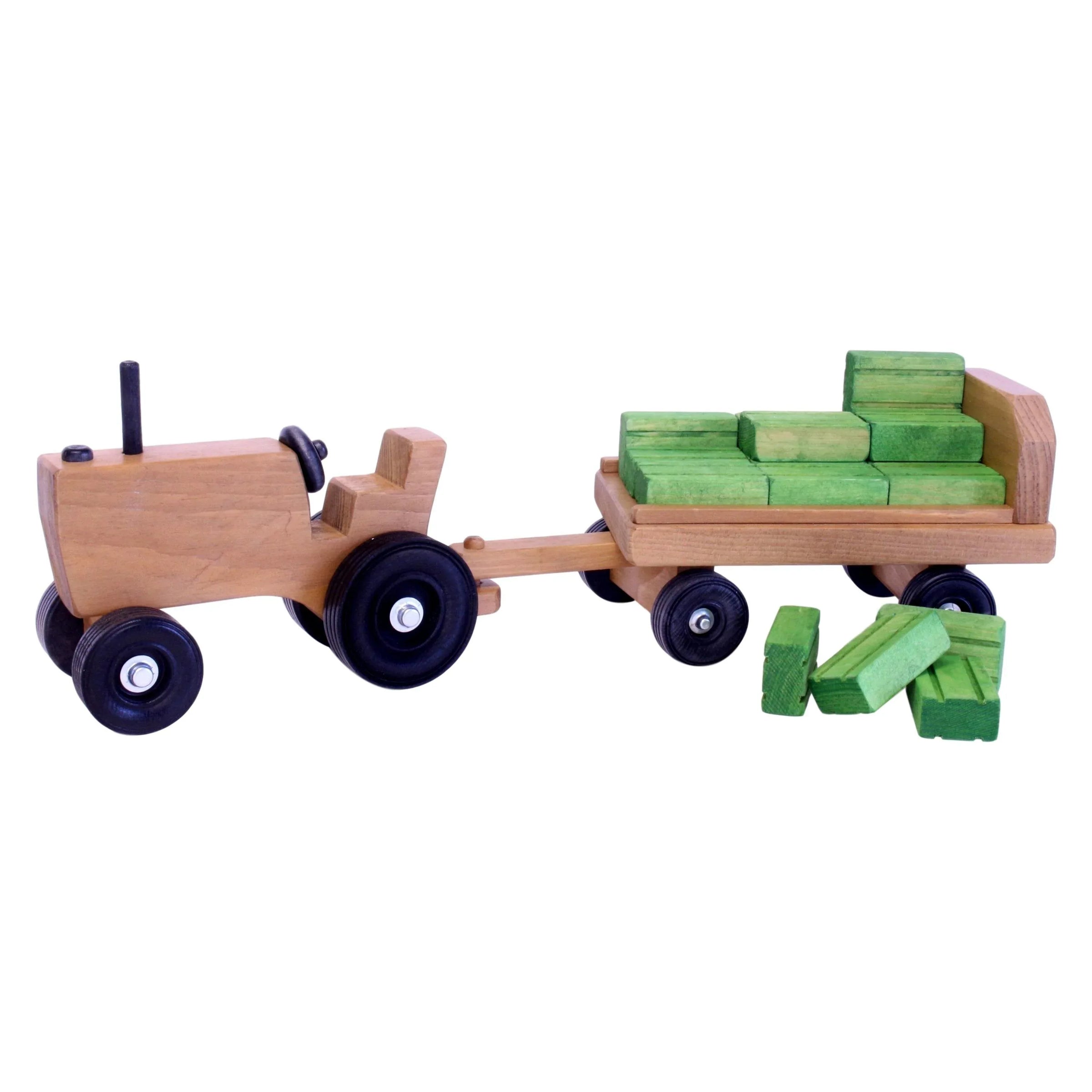 Amish-Made Wooden Toy Tractor and Wagon Set with Hay Bales - BIG FRENCHIES