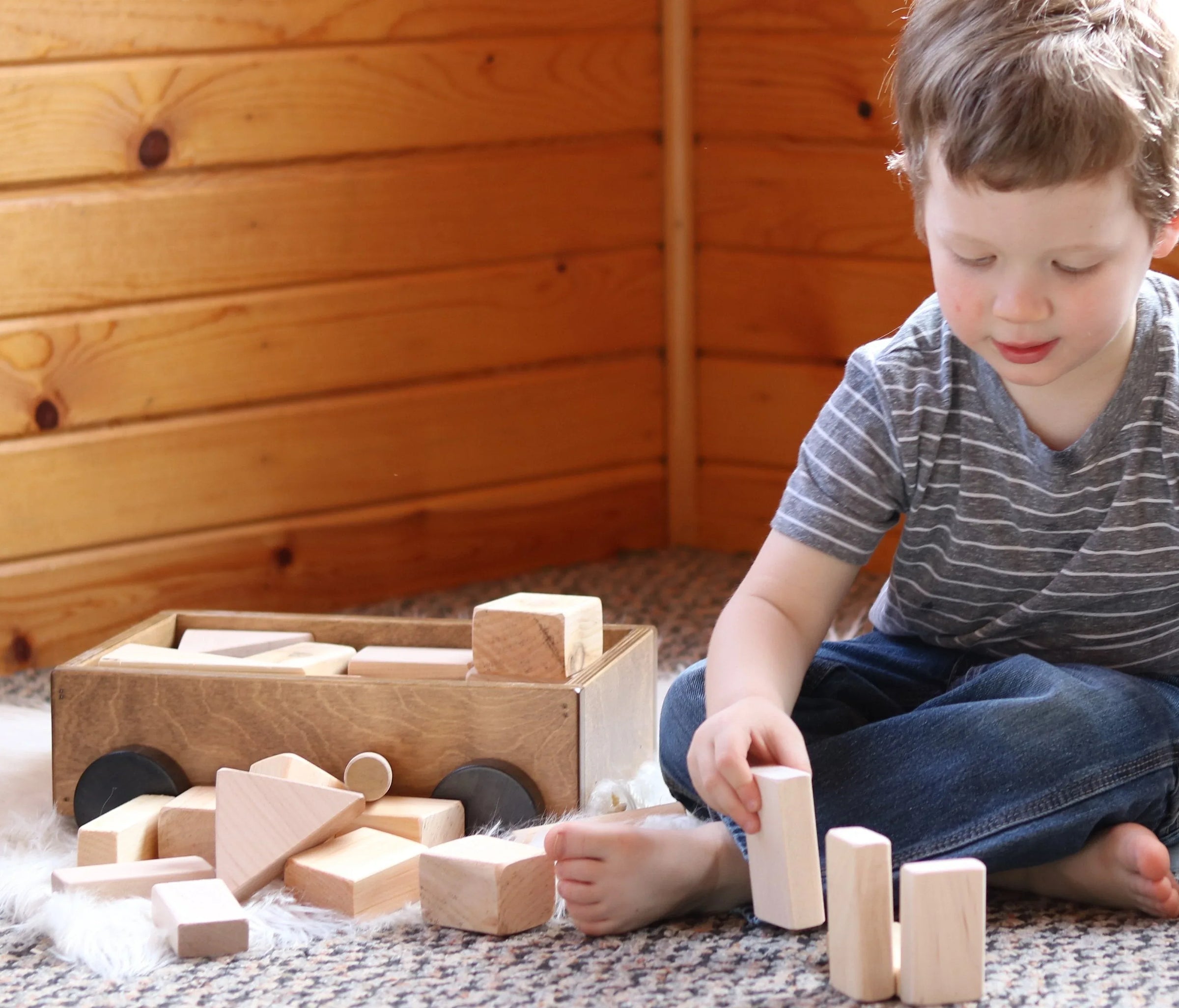 Amish-Made Wooden Toddler Pull Wagon Toy with Wood Building Blocks - BIG FRENCHIES