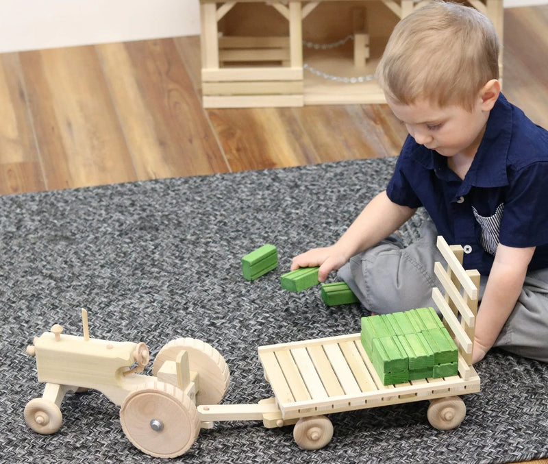 Amish-Made Wooden Toy Tractor & Hay Wagon Set with Hay Bales - BIG FRENCHIES