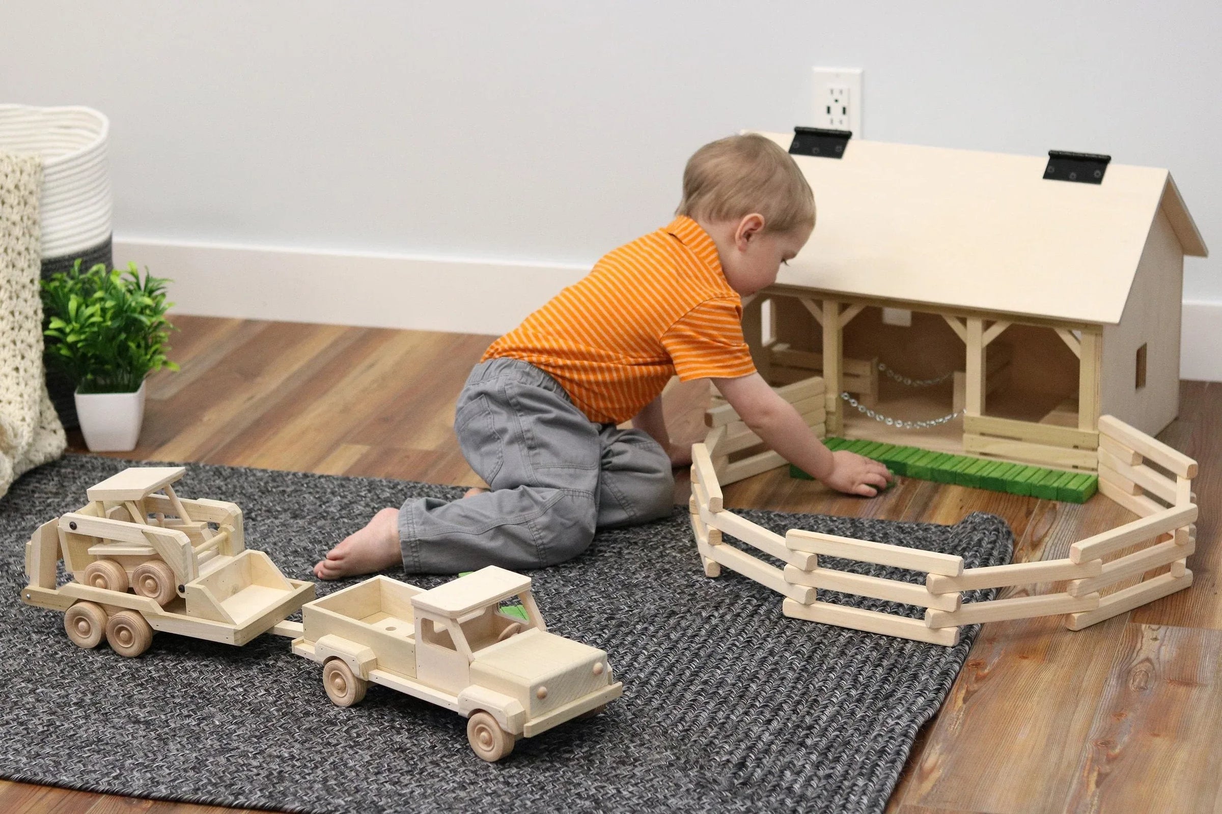 Wooden Toy Pickup Truck and Flatbed Trailer with Skidloader Set - BIG FRENCHIES