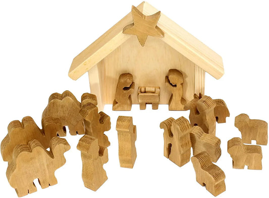 AmishToyBox.com Wooden Nativity Manger Scene Set, 14 Pieces - BIG FRENCHIES
