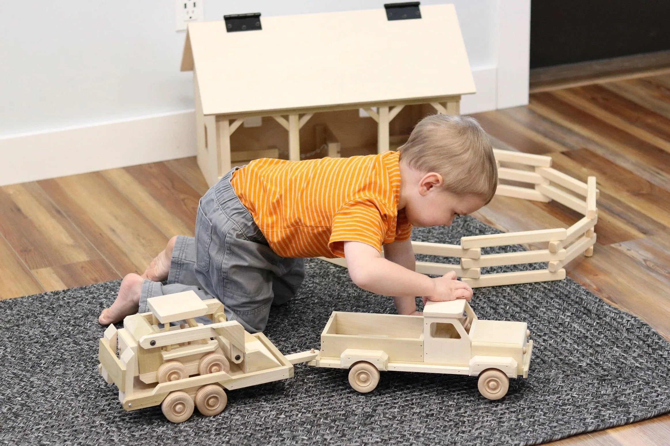 Wooden Toy Pickup Truck and Flatbed Trailer with Skidloader Set - BIG FRENCHIES