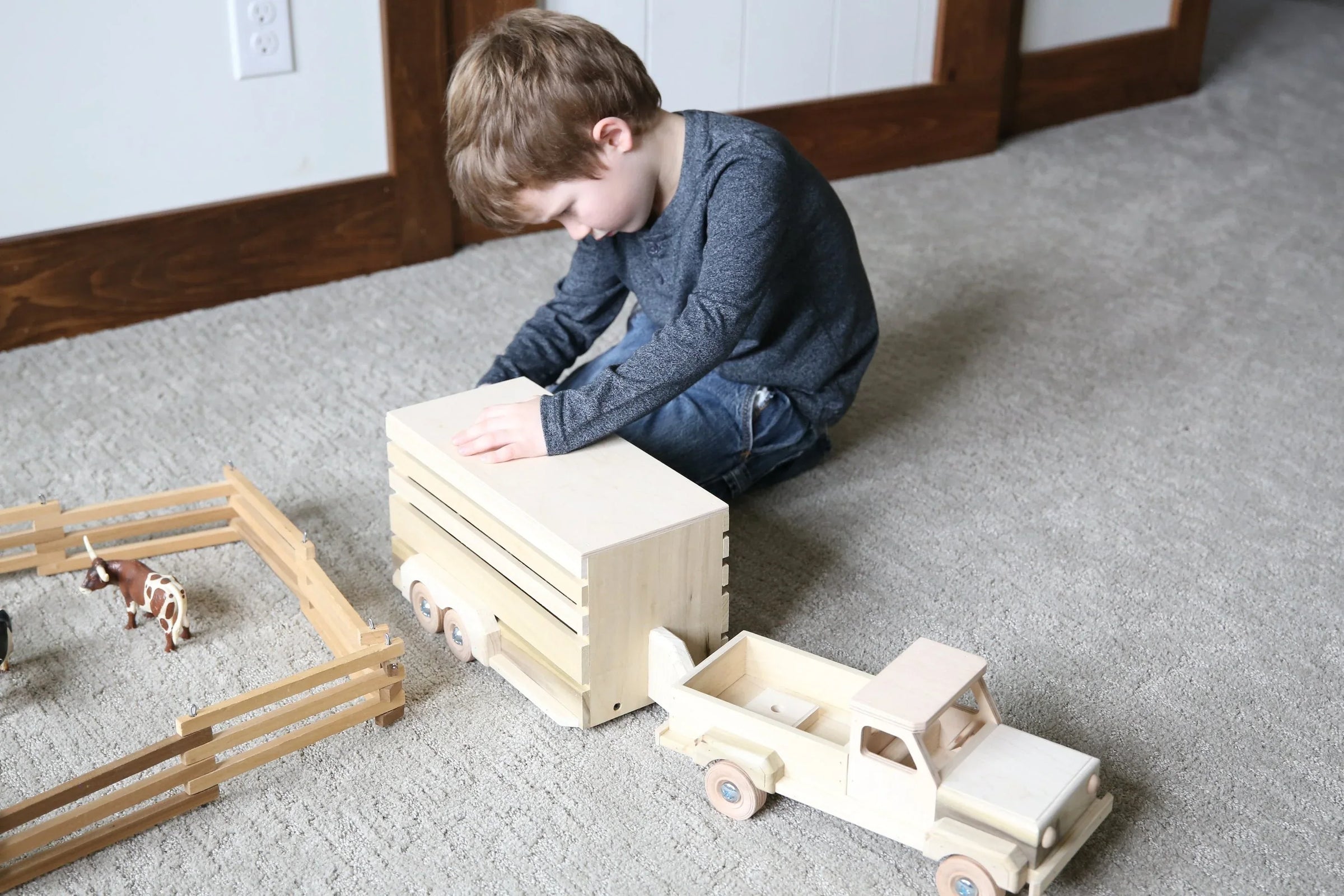 Amish-Made Wooden Pickup & Horse Trailer Toy Set, Unfinished - BIG FRENCHIES