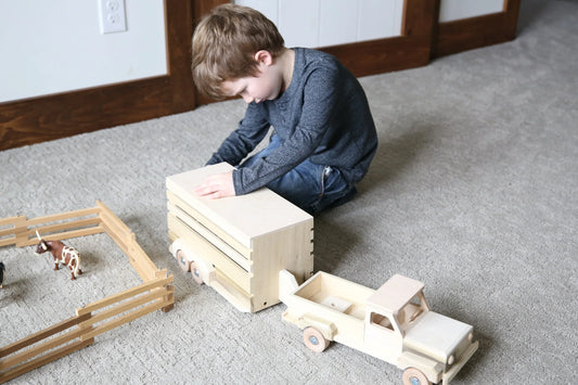 Amish-Made Wooden Pickup & Horse Trailer Toy Set, Unfinished - BIG FRENCHIES