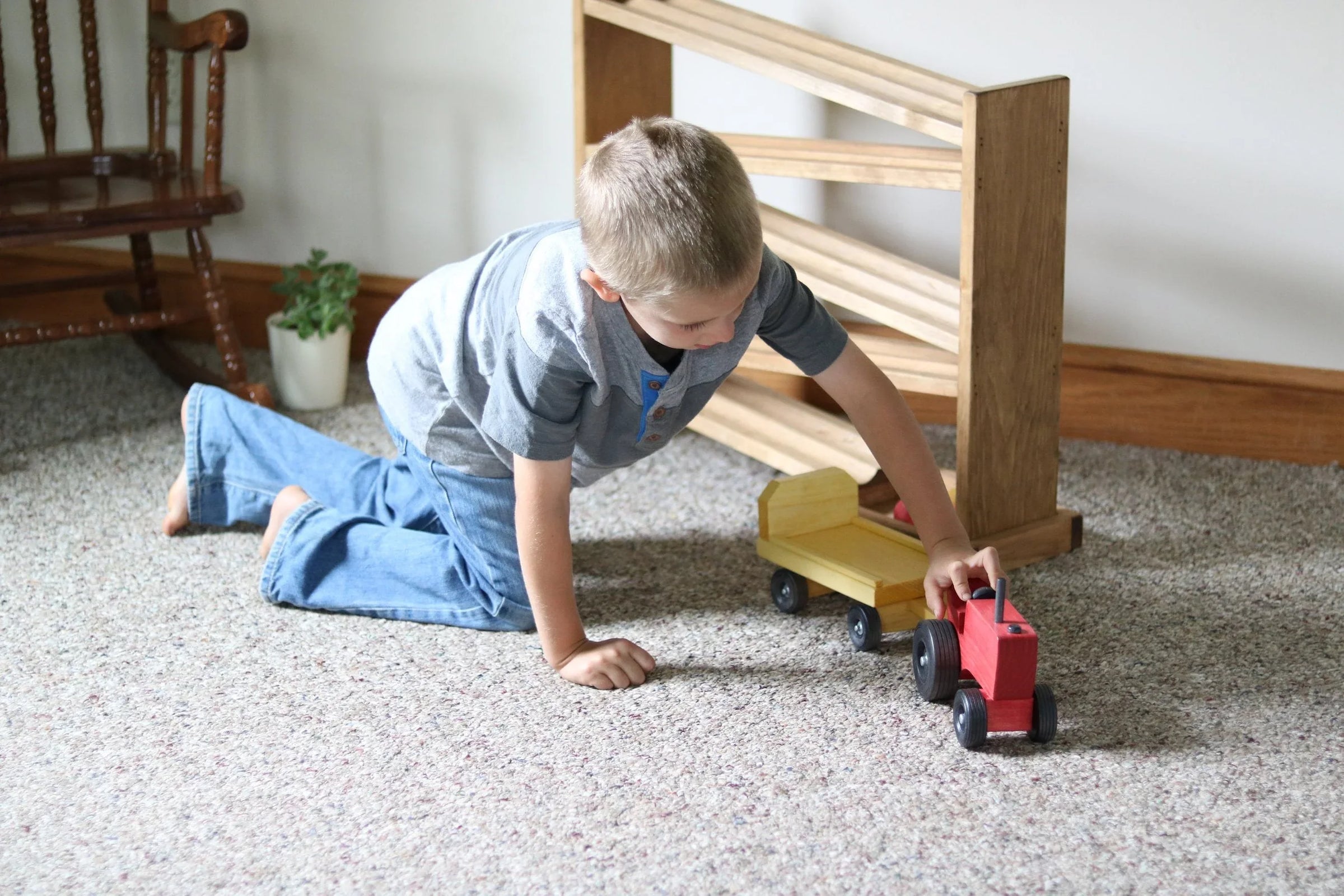 Amish-Made Wooden Toy Tractor and Wagon Set with Hay Bales - BIG FRENCHIES