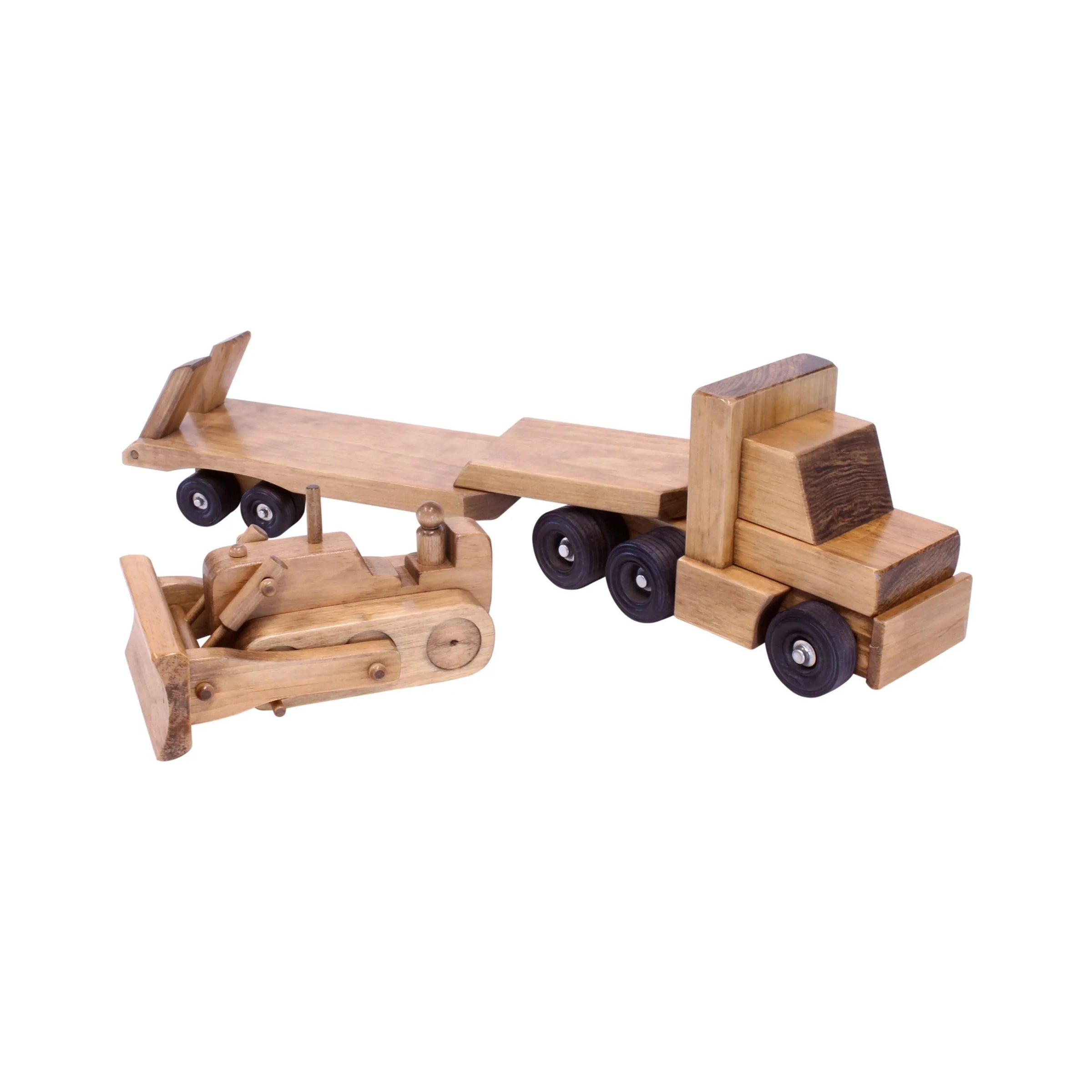 Amish-Made Wooden Toy Truck & Low Boy Flatbed Trailer with Bulldozer Set - BIG FRENCHIES