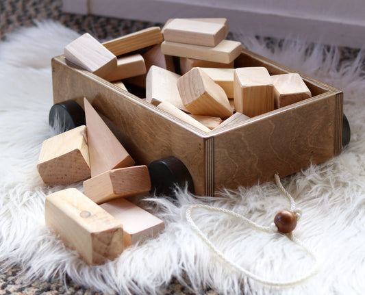 Amish-Made Wooden Toddler Pull Wagon Toy with Wood Building Blocks - BIG FRENCHIES