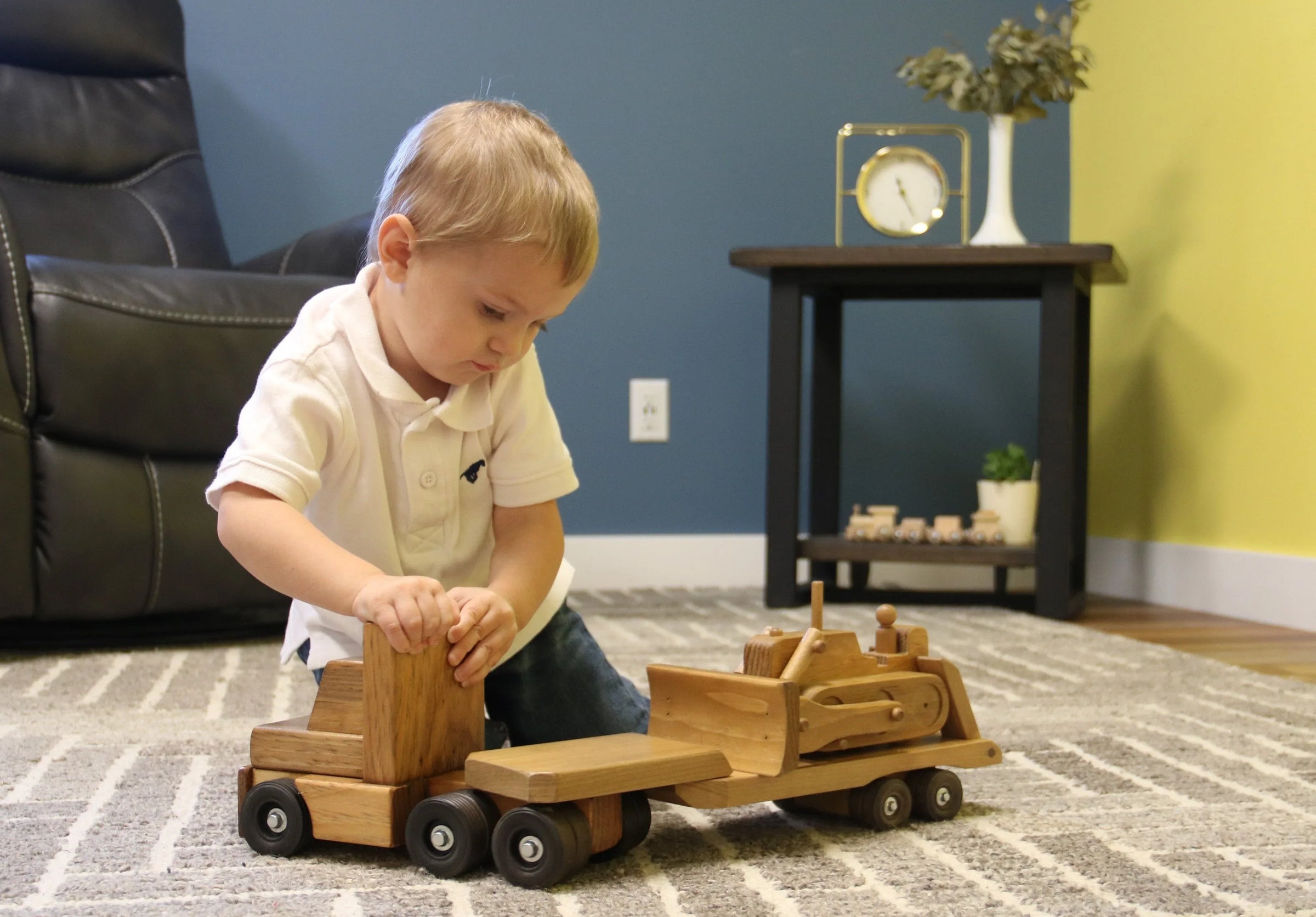 Amish-Made Wooden Toy Truck & Low Boy Flatbed Trailer with Bulldozer Set - BIG FRENCHIES