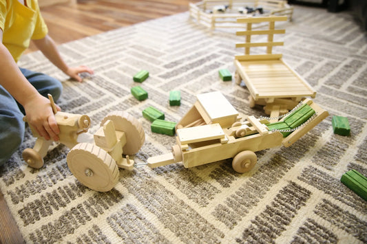 Little Farmer Hay Baling Toy Set - Wooden Toy Tractor, Hay Baler, Hay Wagon and 16 Hay Bales - BIG FRENCHIES