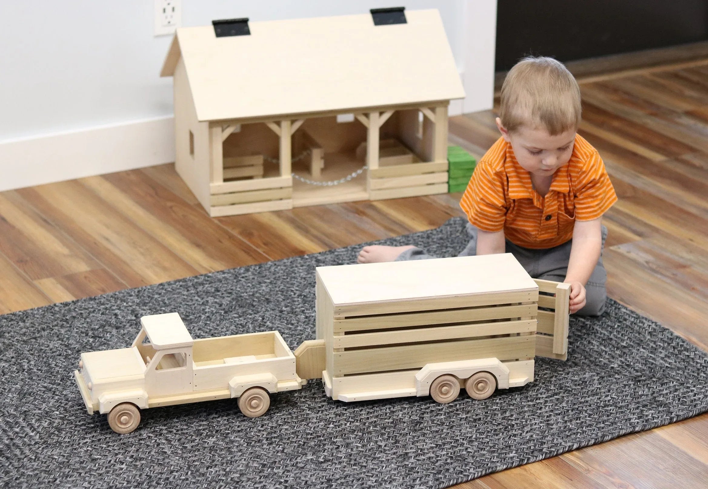 Amish-Made Wooden Pickup & Horse Trailer Toy Set, Unfinished - BIG FRENCHIES