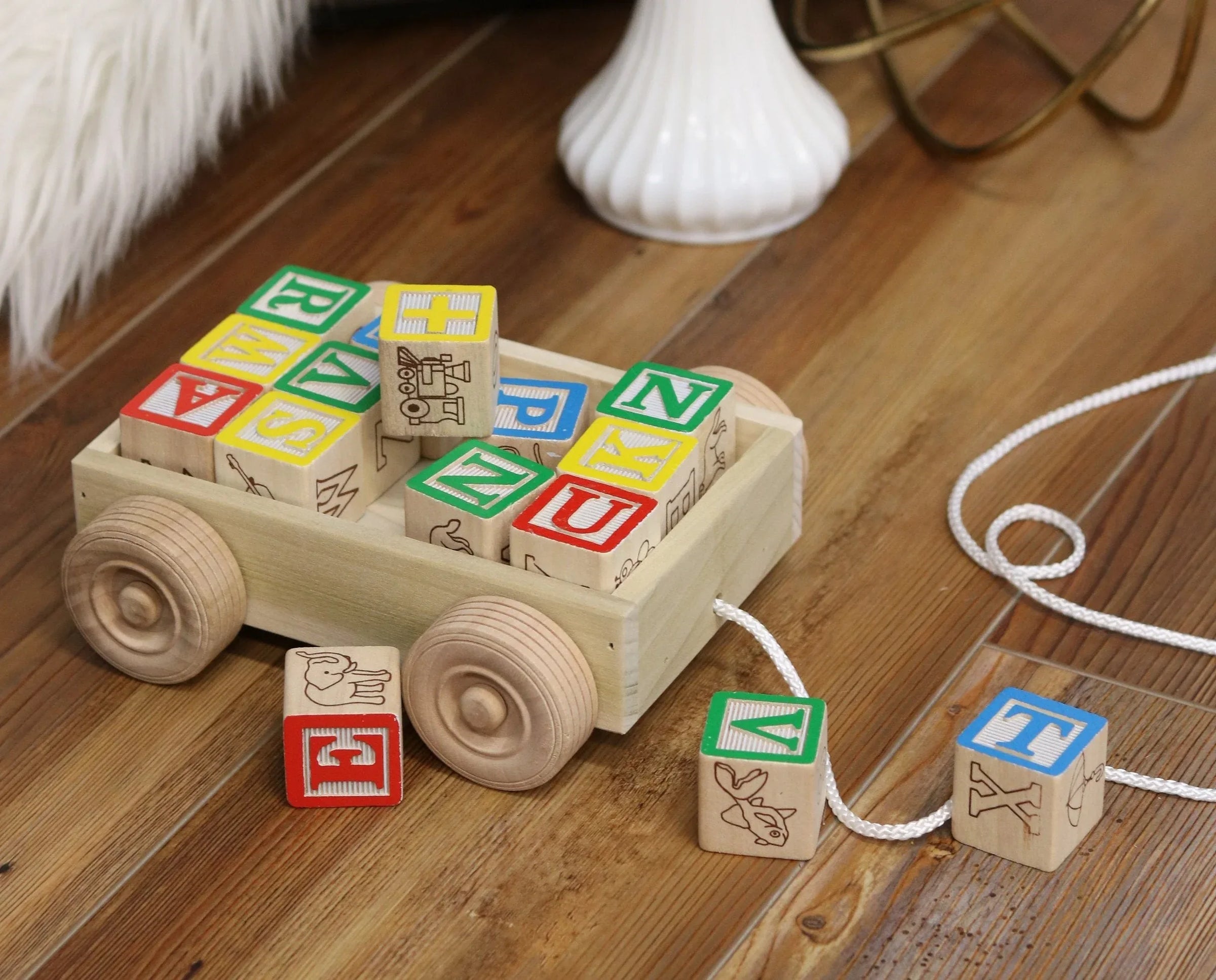 Amish-Made Wooden ABC Block Toddler Pull-String Wagon Toy - BIG FRENCHIES