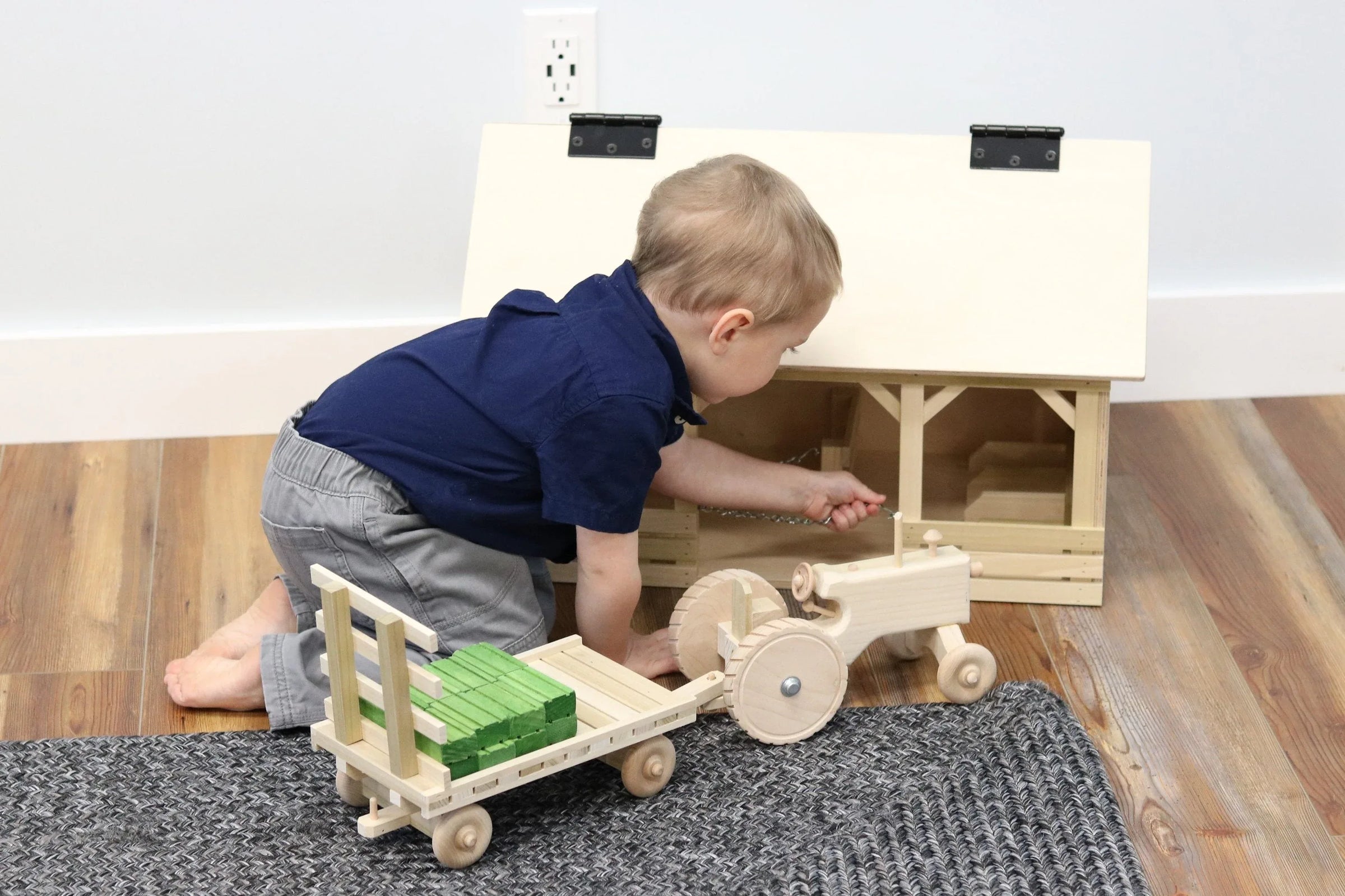 Amish-Made Wooden Toy Tractor & Hay Wagon Set with Hay Bales - BIG FRENCHIES