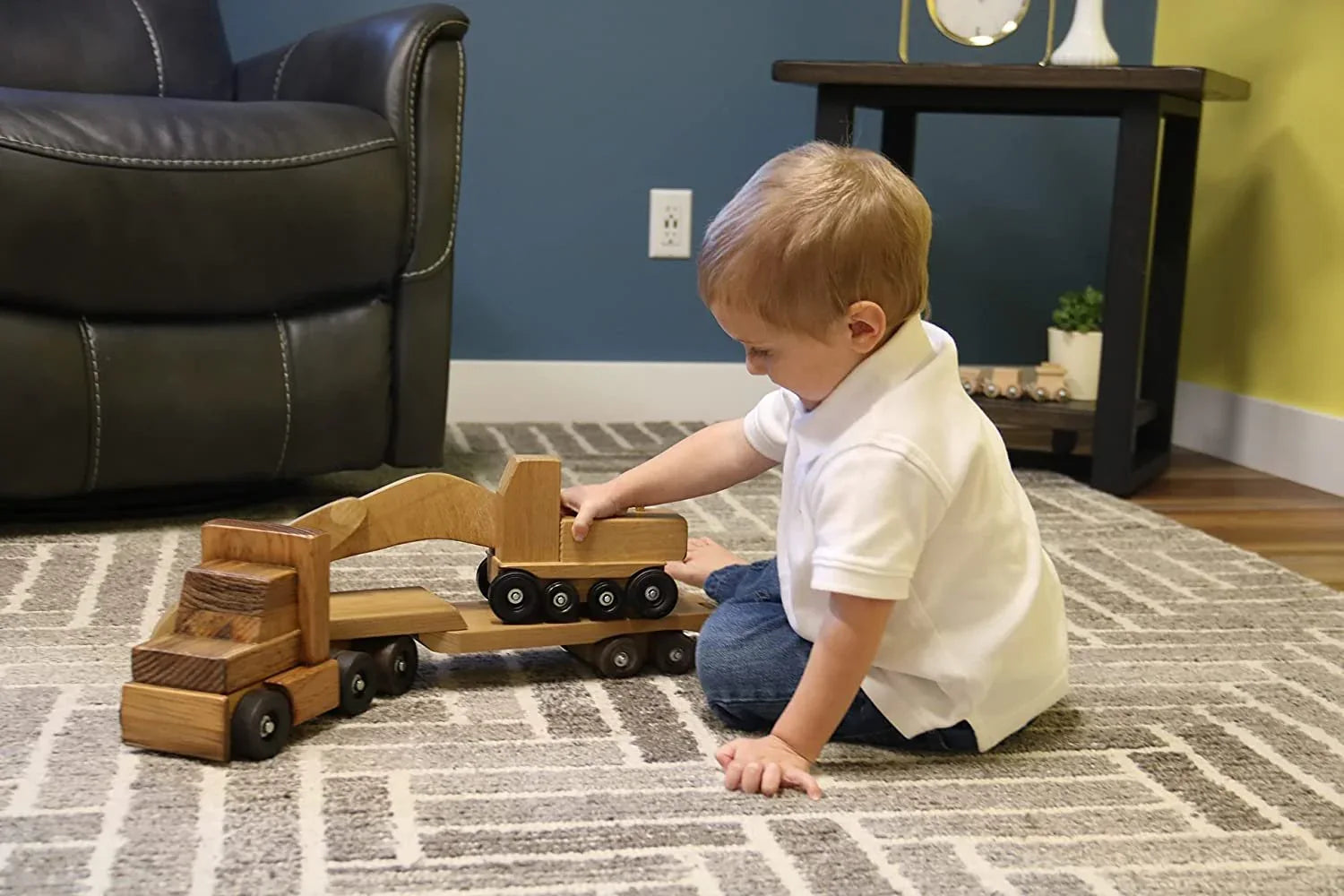 Large Wooden Toy Truck & Low Boy Flatbed Trailer with Excavator Set - BIG FRENCHIES