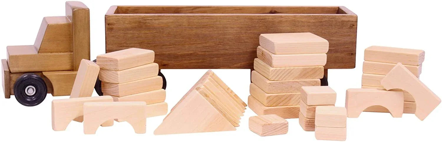 Large Semi Truck and Trailer Wooden Toy Set - with 30 Building Blocks - BIG FRENCHIES
