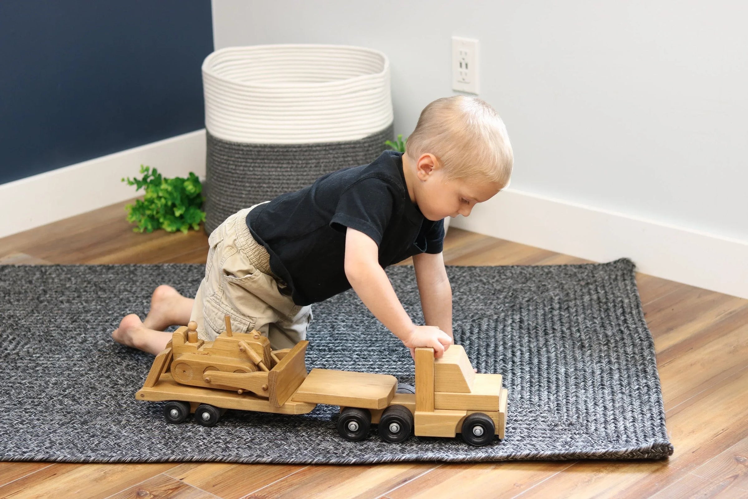 Amish-Made Wooden Toy Truck & Low Boy Flatbed Trailer with Bulldozer Set - BIG FRENCHIES