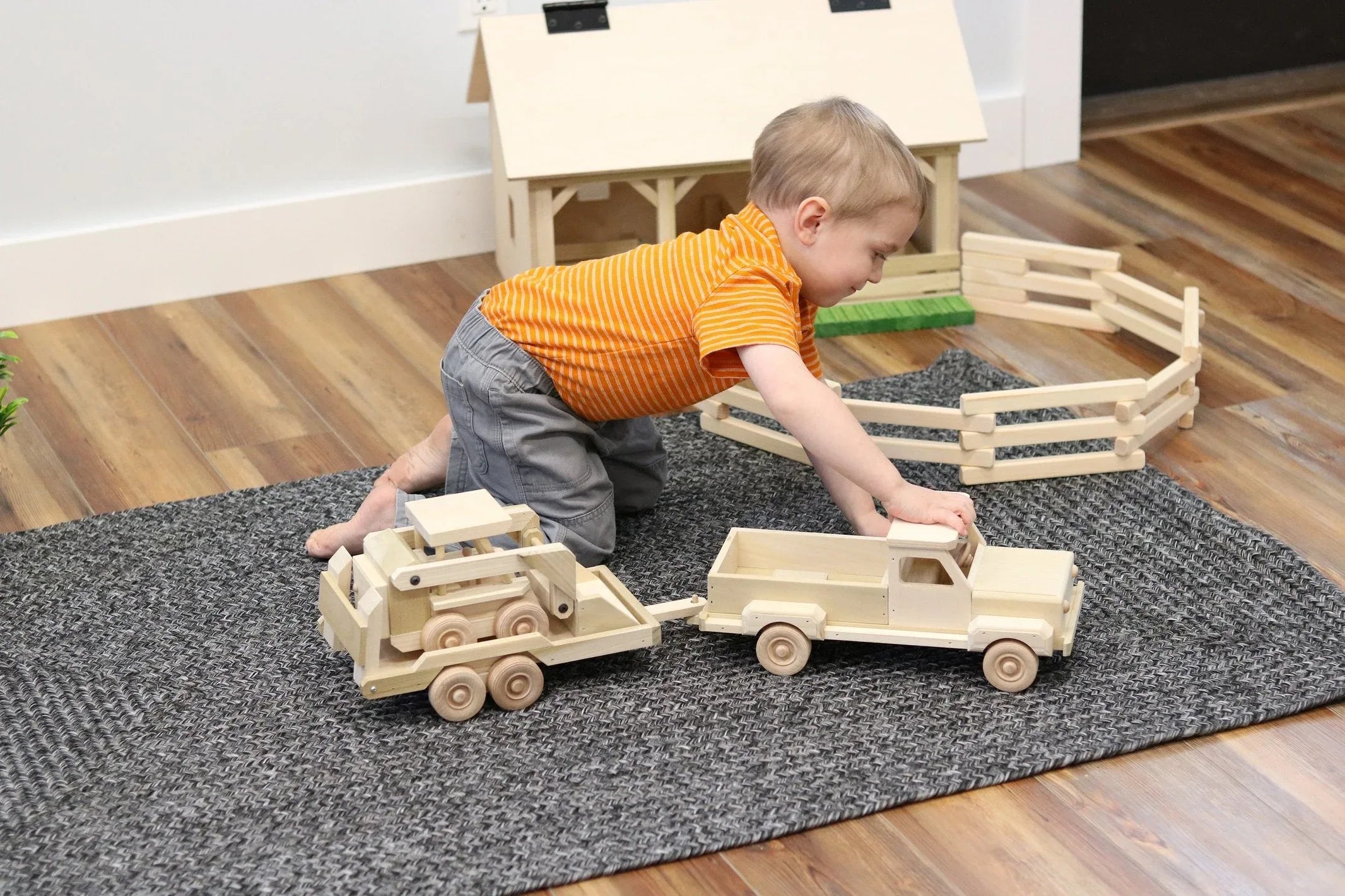 Wooden Toy Pickup Truck and Flatbed Trailer with Skidloader Set - BIG FRENCHIES