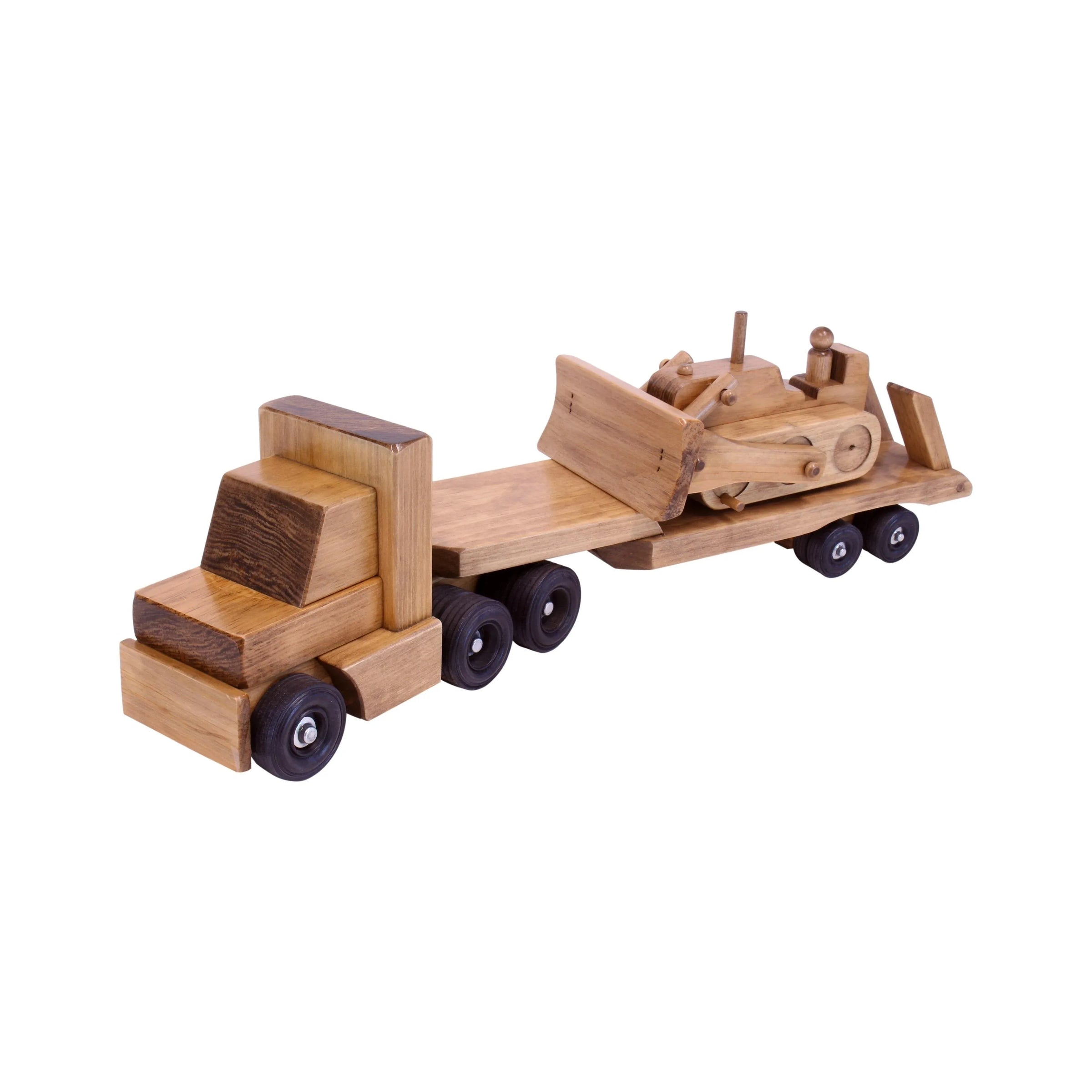 Amish-Made Wooden Toy Truck & Low Boy Flatbed Trailer with Bulldozer Set - BIG FRENCHIES